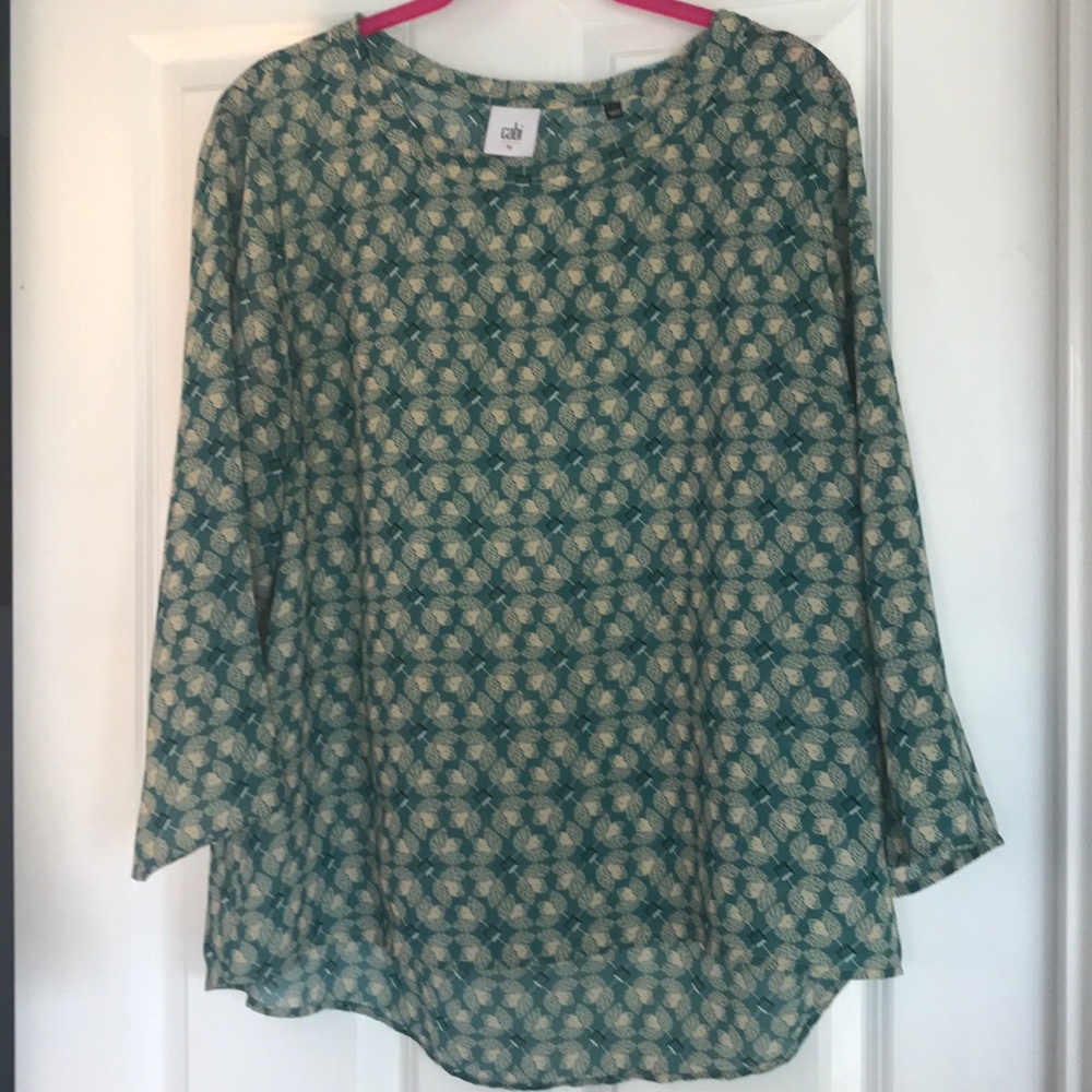 CAbi green/tan patterned light sleeved top L